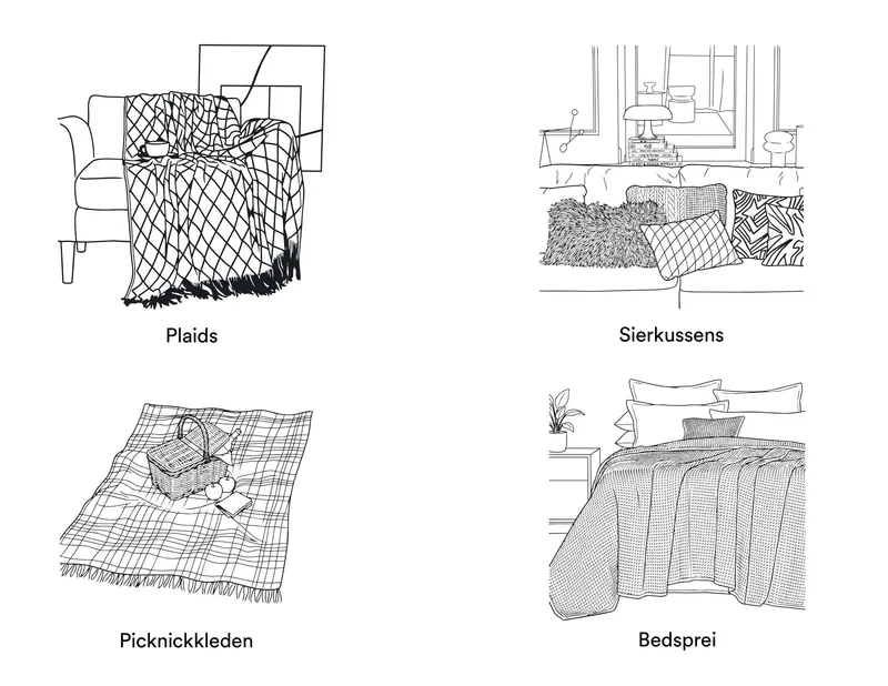 Pagina met vier zwart-witte lijntekeningen: een plaid over een fauteuil, sierkussens op een bank, een picknickkleed met mand en appels, en een bed met een sprei.