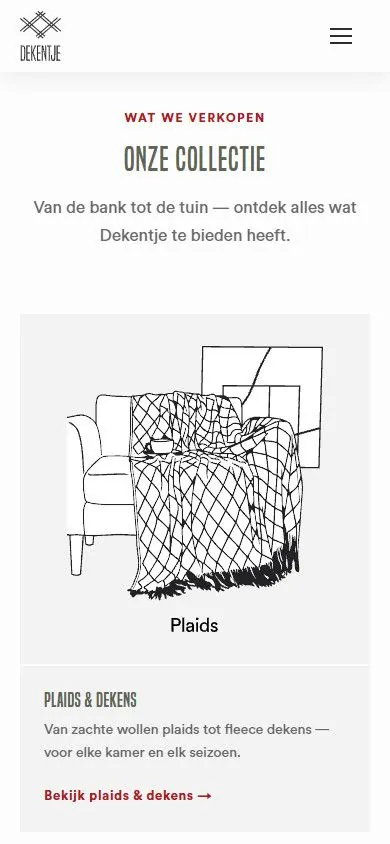 Het blok 'Onze collectie' op een telefoon, met de eerste kaart: een lijntekening van een plaid over een stoel.