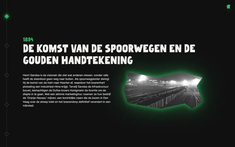 Hoofdstuk uit 1894 over de komst van de spoorwegen, met een archieffoto in een kolenkader met groene gloed