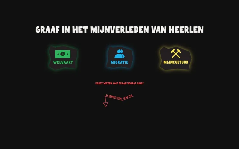 Het keuzescherm van de story: drie gloeiende kolen voor Welvaart, Migratie en Mijncultuur