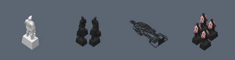 Vier versies van D'r Joep als 3D-model: glad en wit, in zwarte vlakken, als lijntekening en als serie van vier met een rood-witte jas