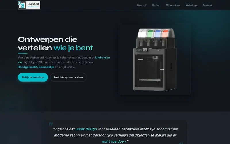 De eerste versie van de site van JelgerS3D, met het oude logo en een foto van een 3D-printer