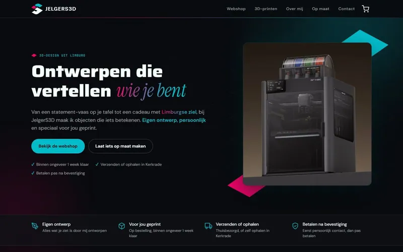 De vernieuwde site van JelgerS3D met de kop Ontwerpen die vertellen wie je bent