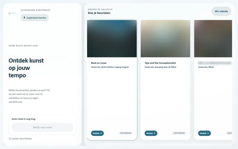 Het startscherm van de Kunstroute-app: ontdek kunst op jouw tempo, met een kaart per kunstwerk (de kunstwerken zijn onscherp gemaakt)