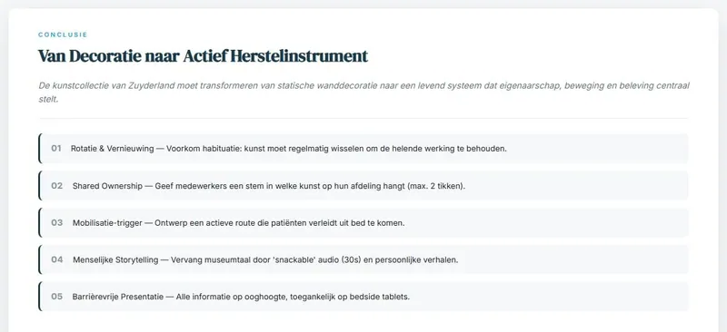 Presentatieslide met vijf ontwerpeisen: rotatie, gedeeld eigenaarschap, een prikkel om te bewegen, menselijke verhalen en informatie op ooghoogte