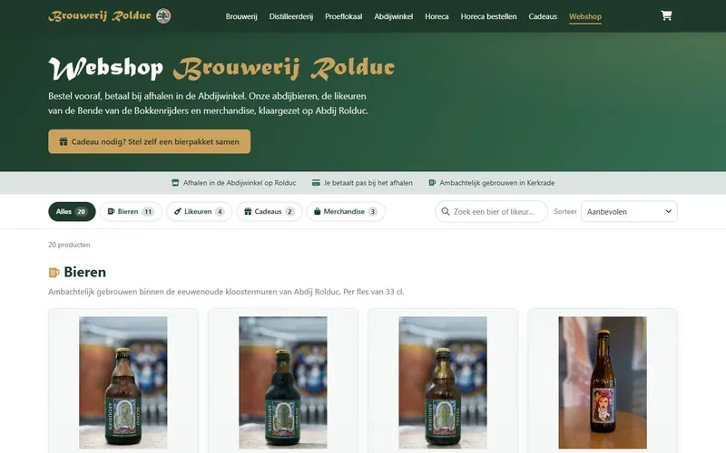De webshop van Brouwerij Rolduc met filterknoppen per soort en het aantal producten, een zoekveld en sorteren