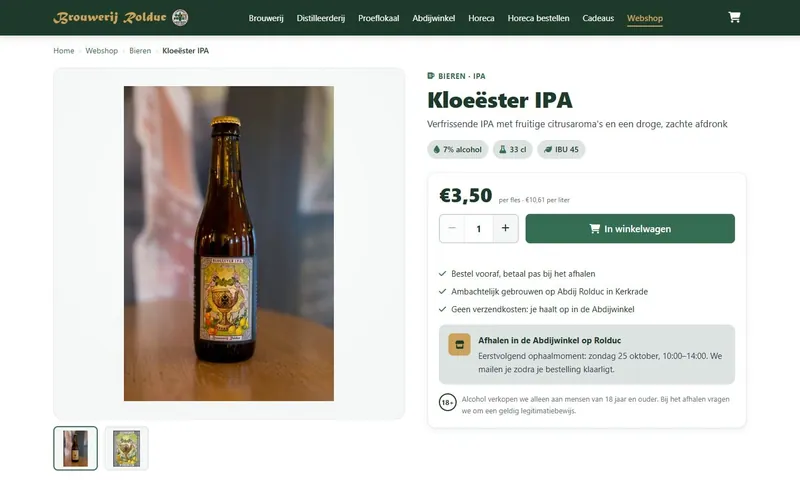 Productpagina van Kloeëster IPA met de prijs per fles en per liter, het eerstvolgende ophaalmoment en een melding over 18+