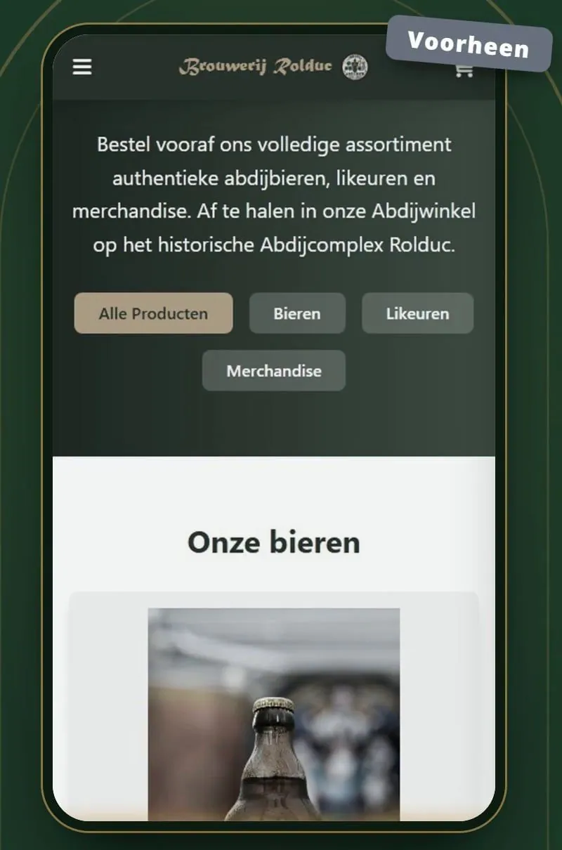 De oude webshop op een telefoon, met het label Voorheen