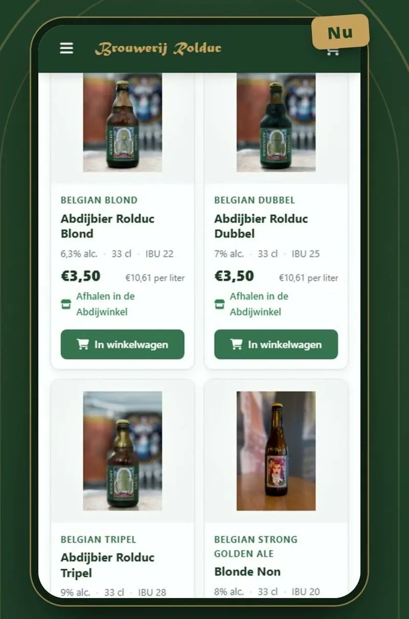 De vernieuwde webshop op een telefoon, met het label Nu