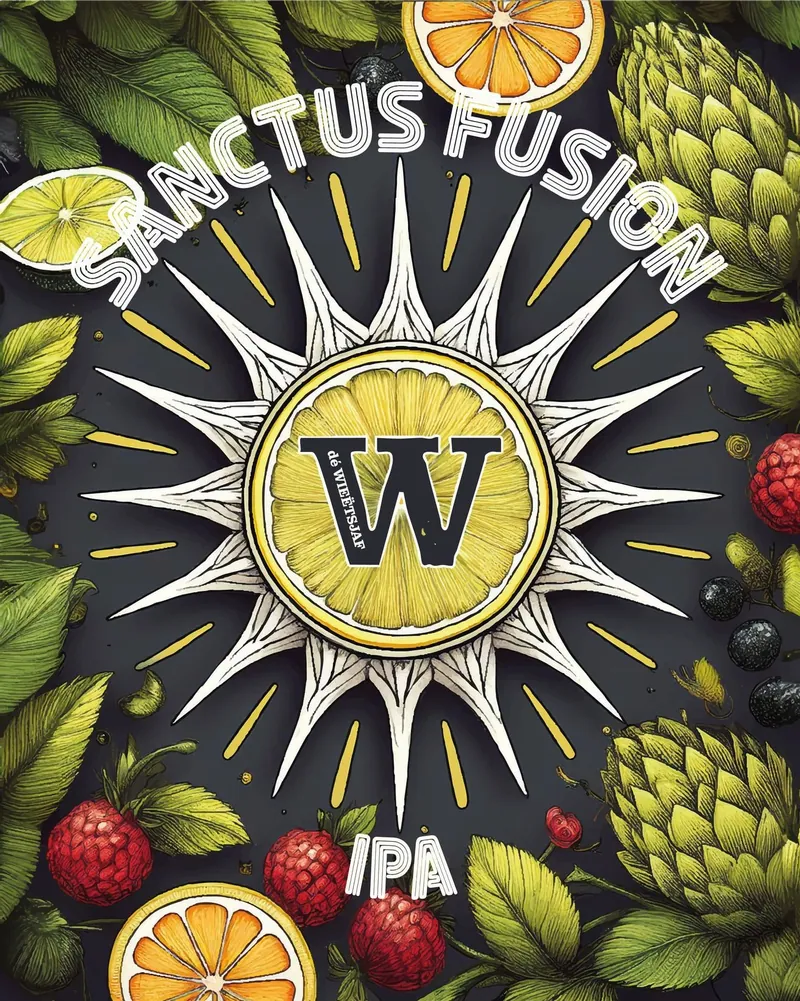 Het etiket van Sanctus Fusion: een witte zon met een W in een citroen, de gebogen naam en een krans van fruit en hop