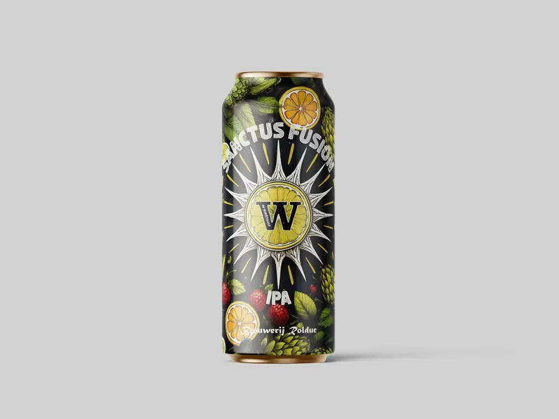 Een blik met het etiket van Sanctus Fusion op een grijze achtergrond