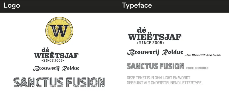 Deel van het brandboard: het logo, de lettertypes Ohm en Matura en de naam Sanctus Fusion