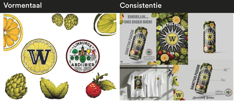 Deel van het brandboard: losse ingrediënten, de citroen-W, het keurmerk en toepassingen op poster, blik en shirts