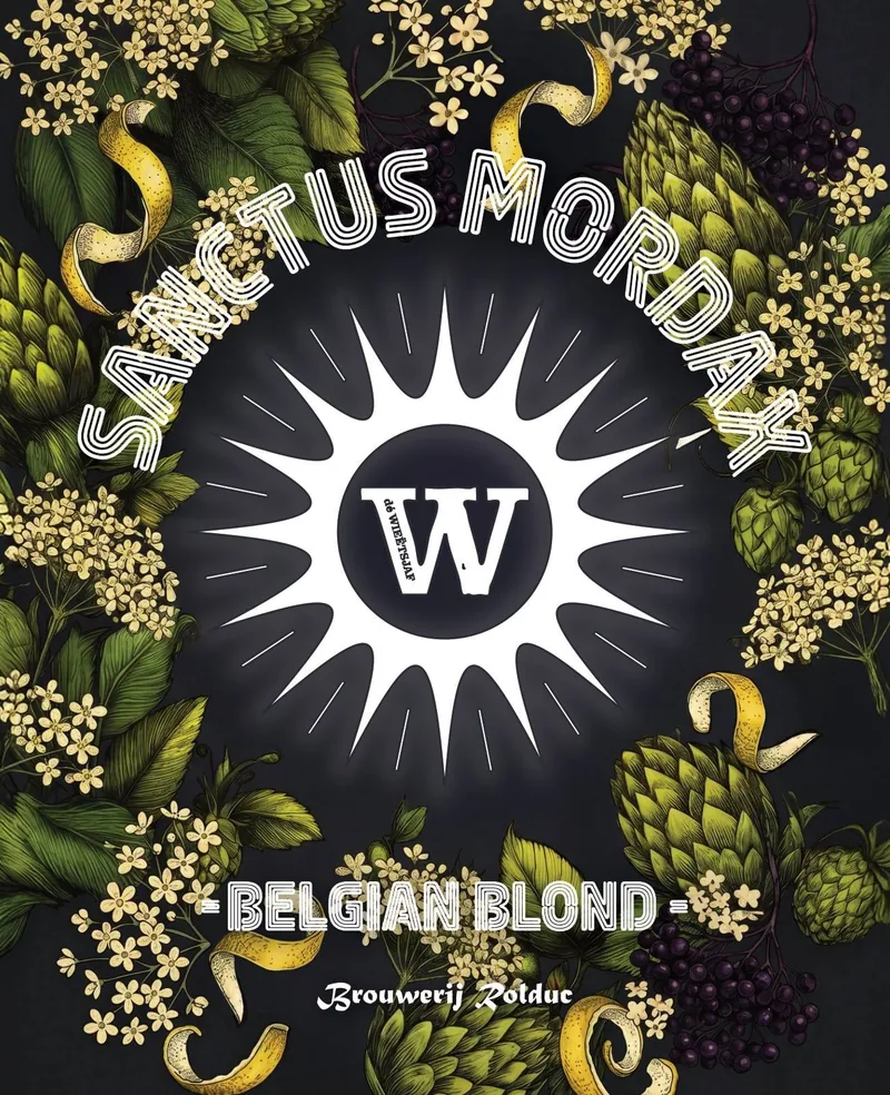 Het definitieve Mordax-etiket: een witte zon met de W op donker, in een krans van vlierbloesem, vlierbessen en hop