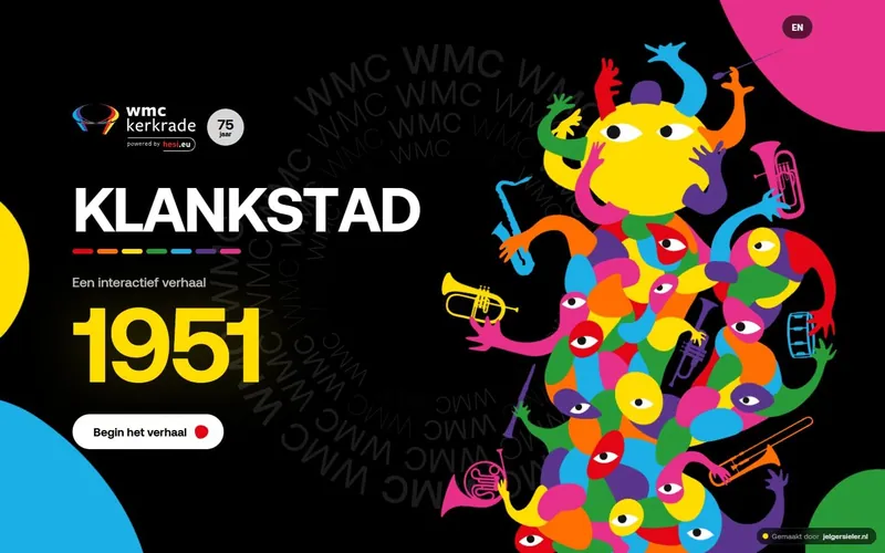 Het titelscherm van Klankstad: het jaartal 1951 naast een kleurrijke figuur met blaasinstrumenten