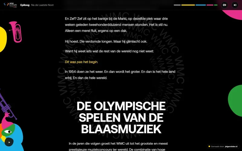 Een einde van Klankstad met de titel De Olympische Spelen van de Blaasmuziek en figuren in alle WMC-kleuren
