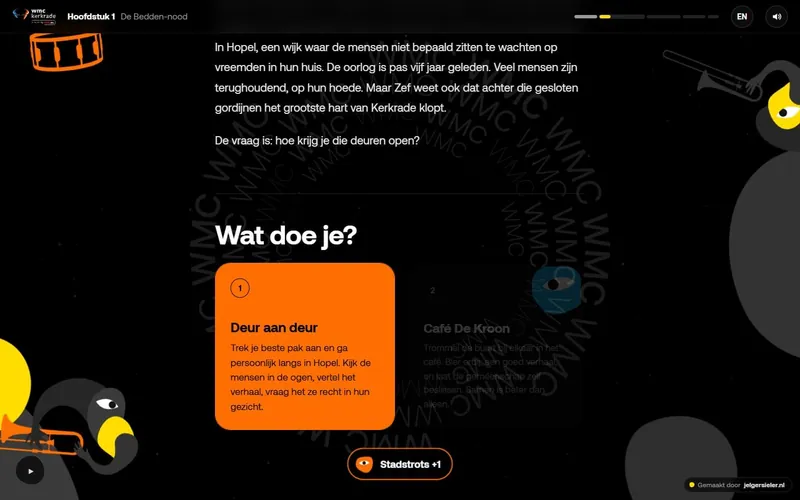 Het keuzescherm in oktober 2026: de gekozen optie Deur aan deur in oranje, met de melding Stadstrots +1