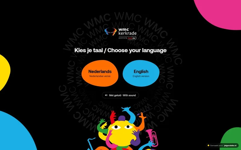Het startscherm met de keuze tussen Nederlands en English en een knop voor geluid
