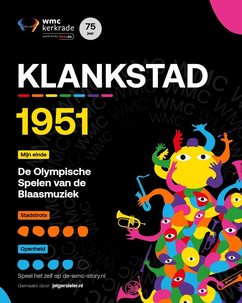 De scorekaart van Klankstad met het einde De Olympische Spelen van de Blaasmuziek en de meters Stadstrots en Openheid