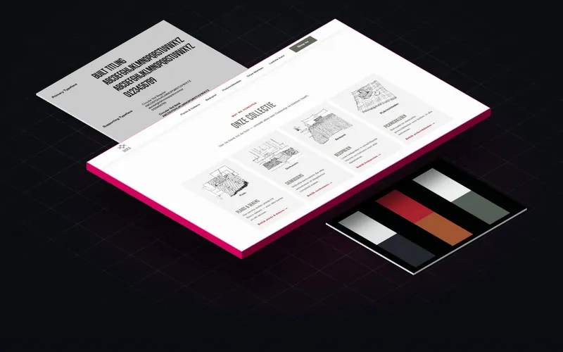 De collectiepagina van de gecodeerde homepage van Dekentje.nl, met tekeningen van een plaid, sierkussens, een bedsprei en een picknickkleed, boven twee pagina's uit het brandboard: de letters en de kleuren