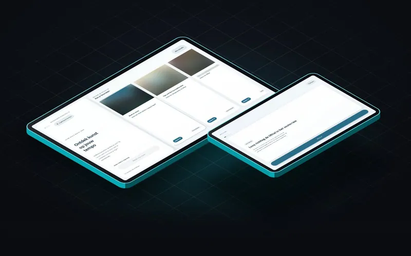 Het startscherm en het loopscherm van de Kunstroute-app op twee tablets: ontdek kunst op jouw tempo, met een kaart per kunstwerk, en de looprichting met de knop Ik ben er! (de kunstwerken zijn onscherp gemaakt)