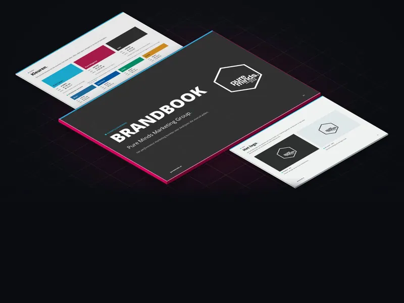 Drie pagina's uit het brandbook van Pure Minds: de cover met 'Brandbook' en het zeshoekige logo, de kleurenpagina met cyaan, magenta en inkt, en de pagina over het logo op donker en op licht