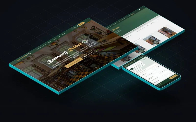 De website van Brouwerij Rolduc als schuine platen, met het bestelscherm van het horecaportaal op een telefoon