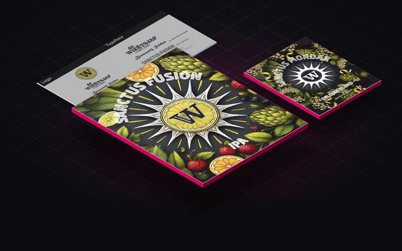 De etiketten van Sanctus Fusion en Sanctus Mordax, twee bieren uit dezelfde serie: een witte zon met de W van dé Wieëtsjaf in een krans van fruit, hop en bloesem