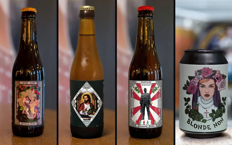 Vier etiketten van Brouwerij Rolduc: de flessen van Zondig Genot, Vrome Tinus en Joepeman en het blik van de Blonde Non