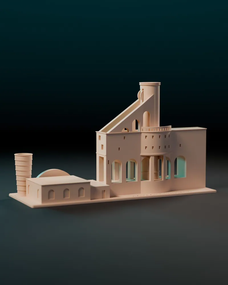 3D-geprint model van Mijnschacht Nulland schuin van voren tegen een donkere achtergrond, met de hoge schoorsteen, de ronde uitbouw en de lage machinehal